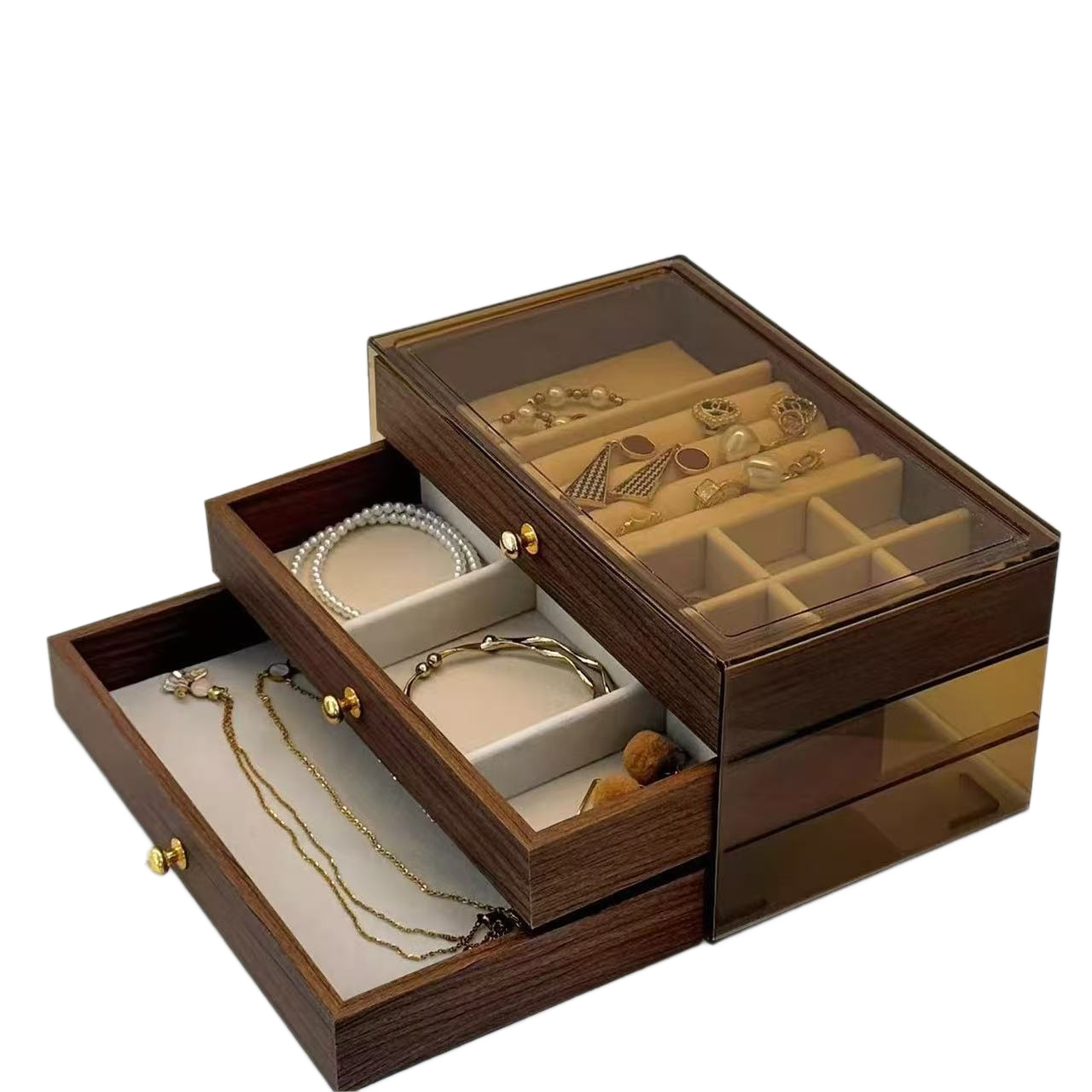 Multi-layer jewelry box, necklace, earrings, walnut wood grain, large-capacity storage box, brown acrylic jewelry box Item Picture
