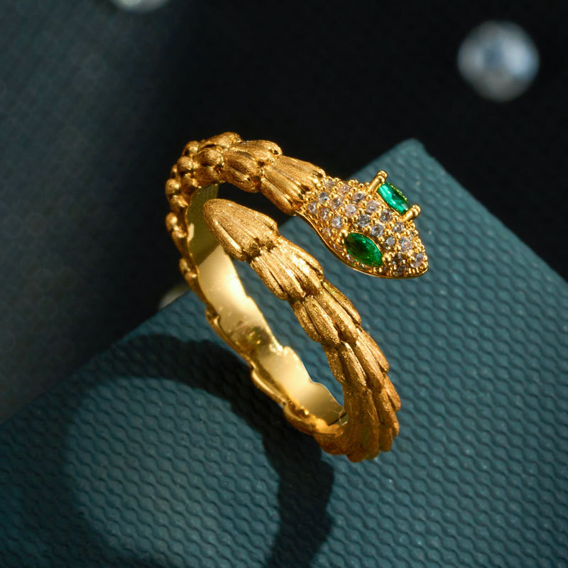 A niche high-end gold brushed snake opening ring, copper alloy, real gold electroplated with zircon, adjustable ring