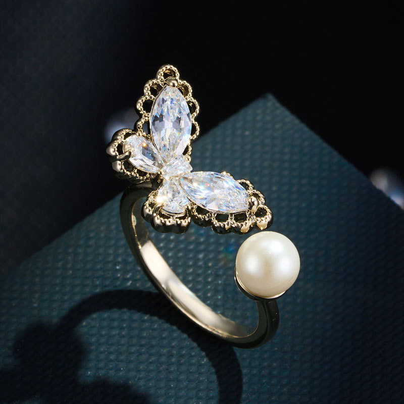 A light luxury and high-end lace-trimmed butterfly pearl open ring, copper alloy inlaid with zircon, adjustable index finger ring A light luxury and high-end lace-trimmed butterfly pearl open ring, copper alloy inlaid with zircon, adjustable index finger ring