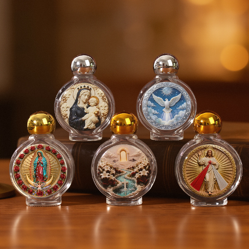 Cross-border 15ml glass HolyWaterBottle (HolyWaterBottle) Circular religious sticker baptism water bottle ornament