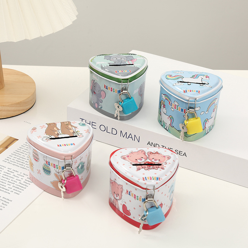 创意心形带锁储蓄罐儿童学生礼品罐零钱收纳存钱罐马口铁金属罐