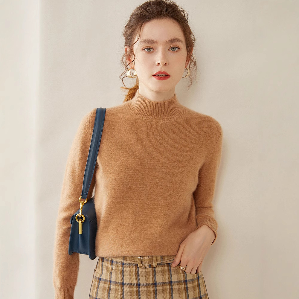 Semi-high-neck cashmere sweater for women, thick solid color, versatile, loose, slimming, soft and skin-friendly, autumn and winter knitted base sweater Specification image