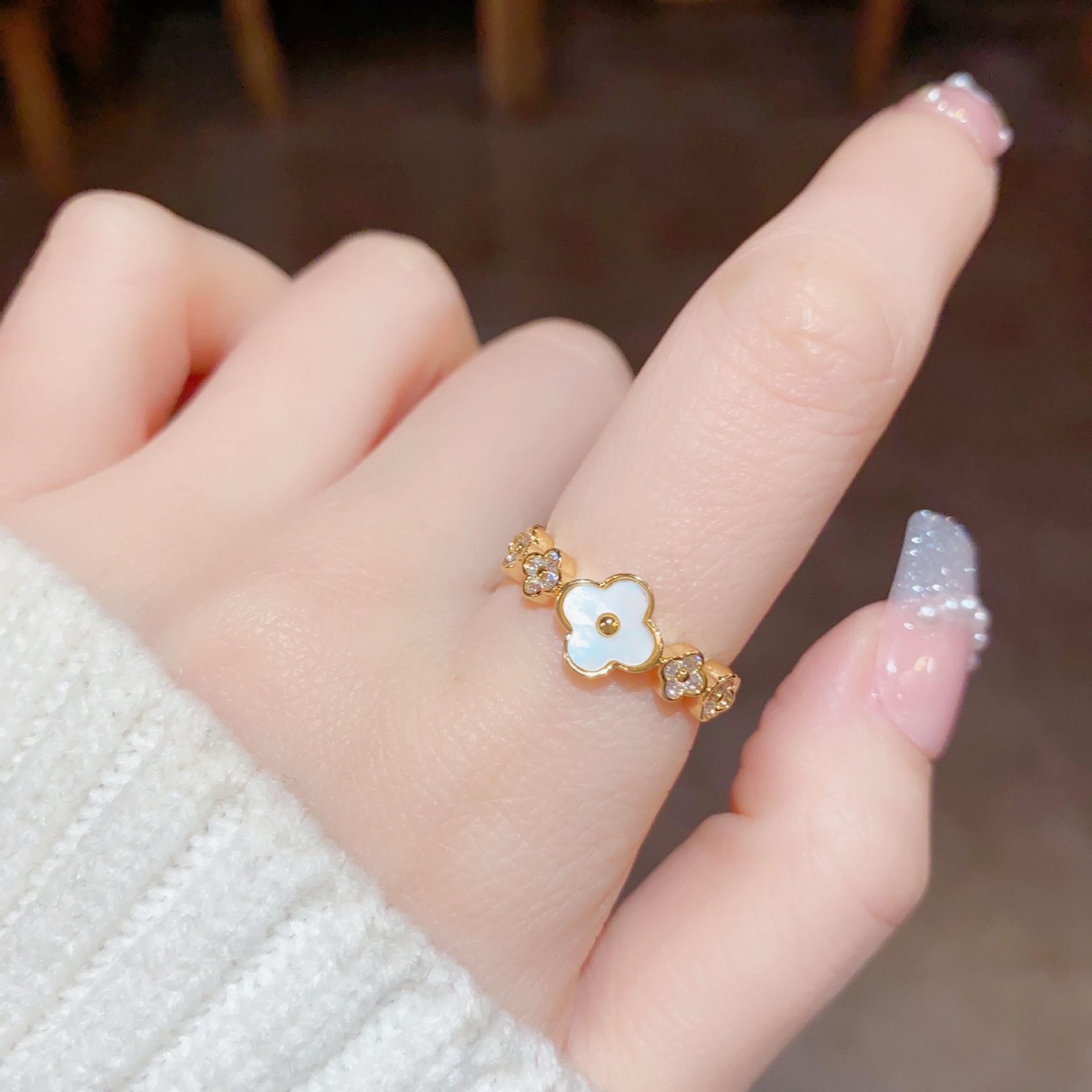 网红款甜美时尚气质贝壳花朵开口戒指小众设计感精致百搭食指戒女