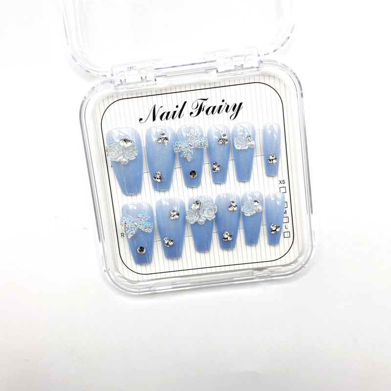 Water blue cat's eye nail patches, long diamond-encrusted camellia, handcrafted wearable nails, fashionable and sweet Application Scenario