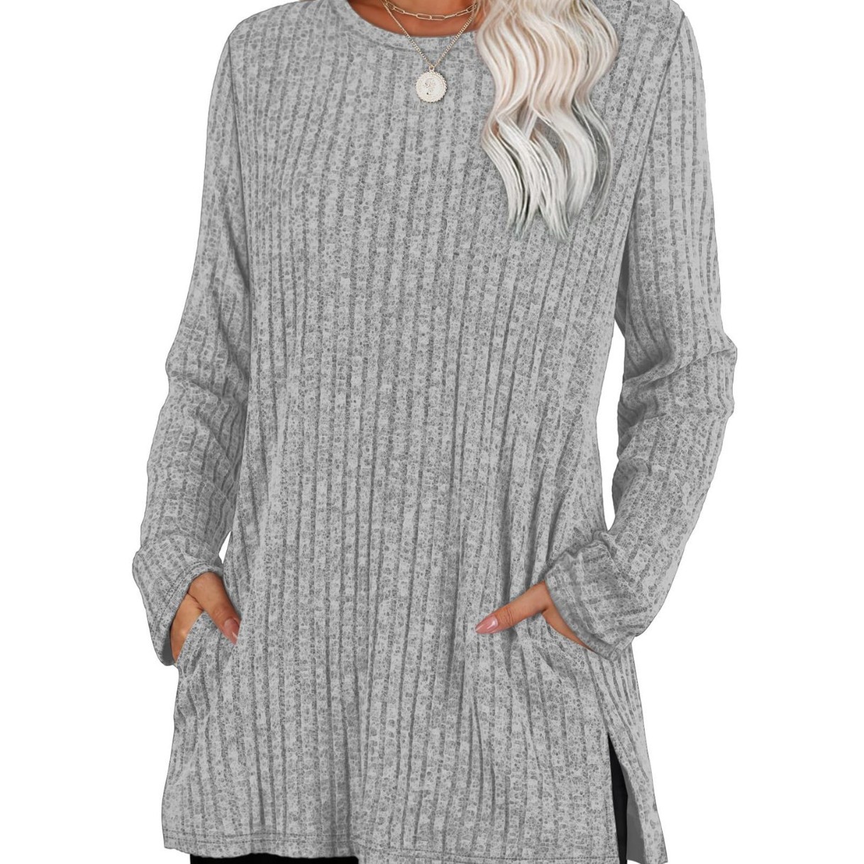 European and American women's sweaters with ripped round collars, long-sleeved shirts, pockets, autumn clothing, 2025 fashionable winter clothing with slits Item Picture