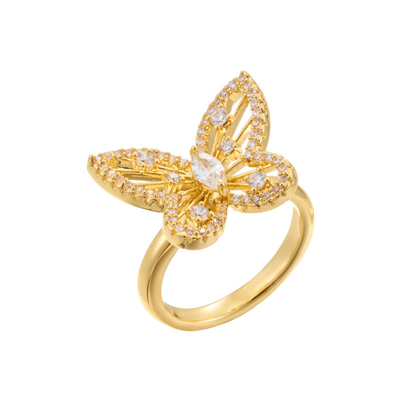 Fashionable, light luxury, dynamic butterfly opening ring, copper alloy, real gold electroplated, slightly inlaid zircon, exquisite adjustable ring Item Picture