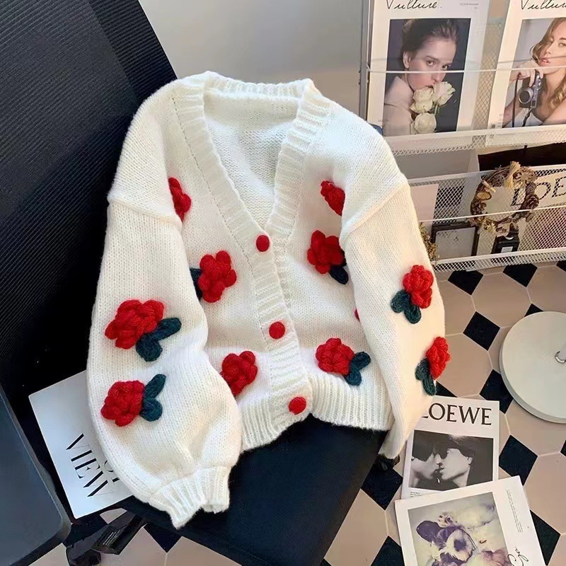 Korean autumn and winter new sweet style three-dimensional floral knitted cardigan for women to look younger and versatile, loose and soft sweater coat details Picture