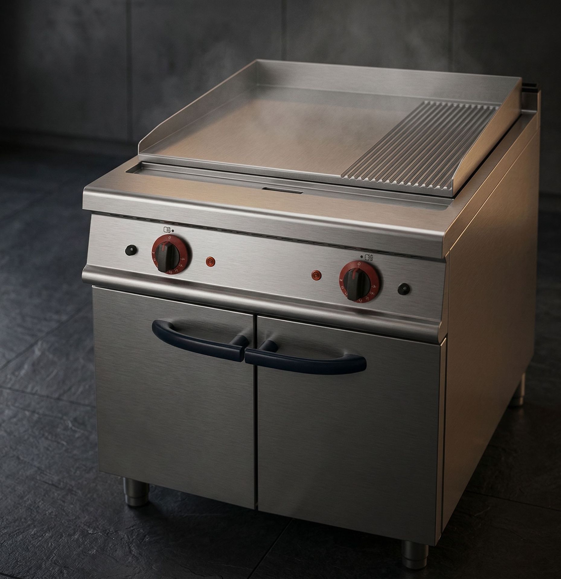 Kaiping Stainless Steel commercial grill machine, multi-functional electric, gas, semi-flat, semi-pit with cabinet base, iron plate grilling and roasting oven Item Picture