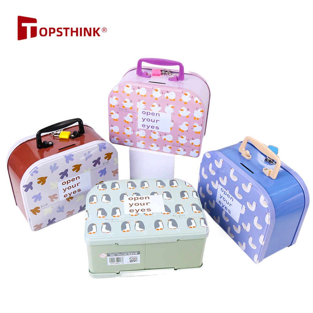 新款开学季时尚简约卡通设计方形大容量货币储蓄罐手提式存钱罐