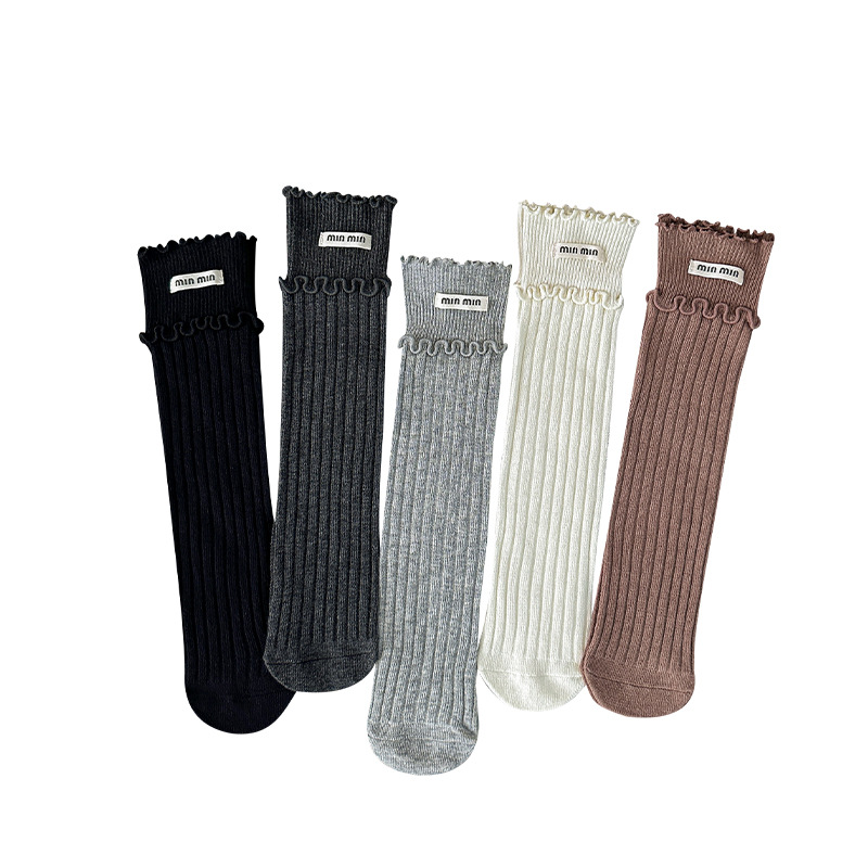 Children's Socks 2025 Autumn/Winter New mid-calf socks for girls, Korean-style double black fungus edge cloth label socks, baby pile socks Item Picture