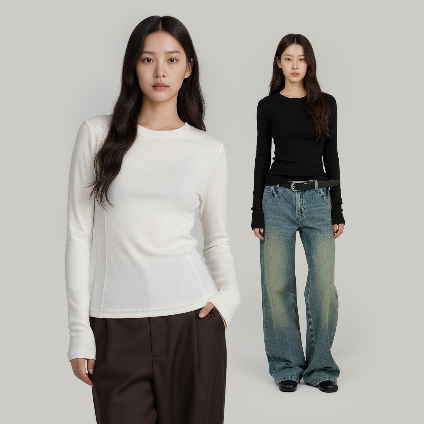 teeshe slimming Merino wool base shirt for women to look slimmer in autumn and winter, round-neck T-shirt with long sleeves, casual and versatile