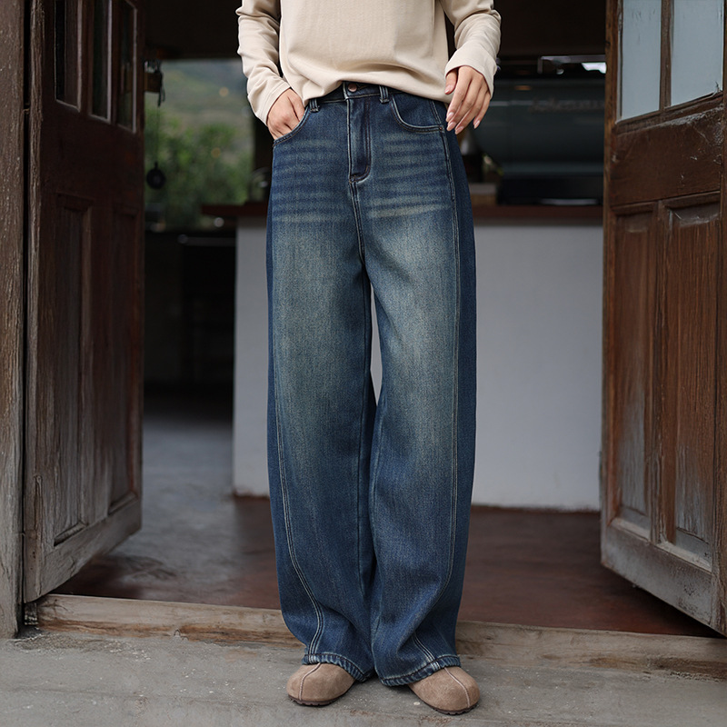 裤子女2025冬季新款加绒加厚弯刀牛仔裤女宽松高腰显瘦拖地休闲裤