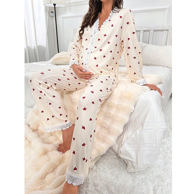 European and American style heart-shaped printed long-sleeved shirts, long pants, maternity wear, pajamas, women's sets, new spring and summer loose and comfortable home wear