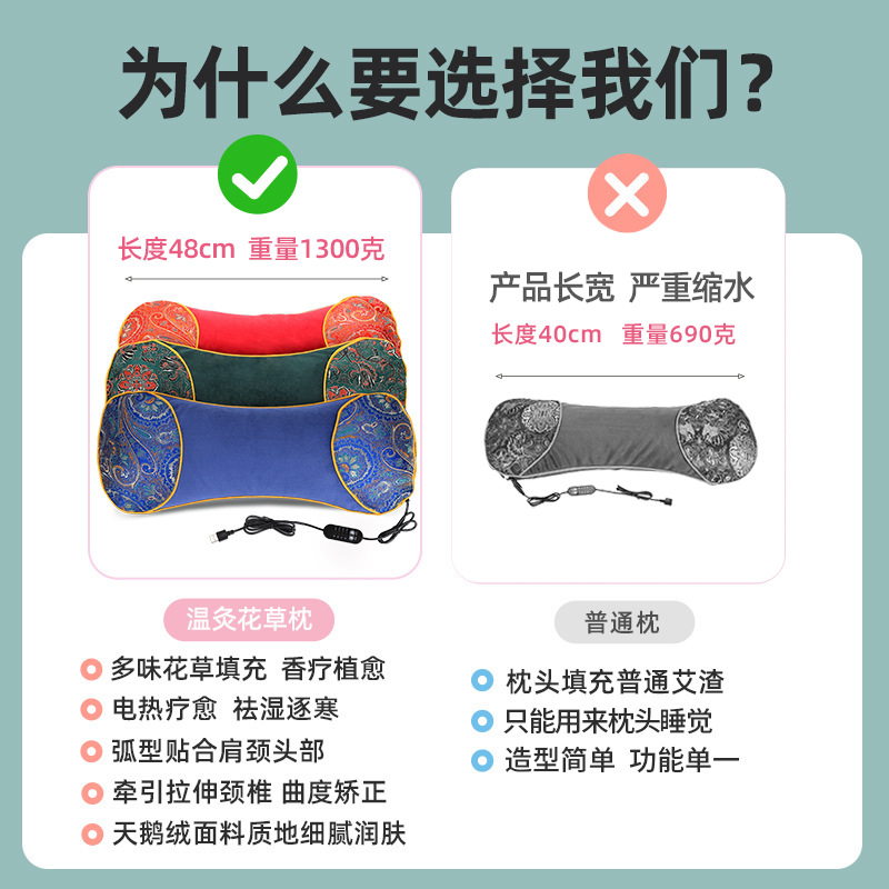电加热艾草骨头枕可拆卸颈椎枕艾灸加药花草加热艾草枕产品图