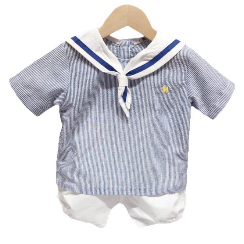 Summer new navy collar striped short-sleeved shirt and shorts two-piece set for boys, stylish MS530701 Item Picture