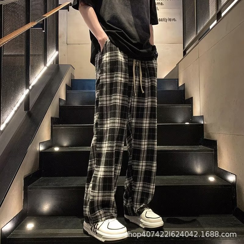 American high street checkered pants, men's trendy retro brand loose straight-leg pants, versatile casual pants, wide-leg long pants, trendy