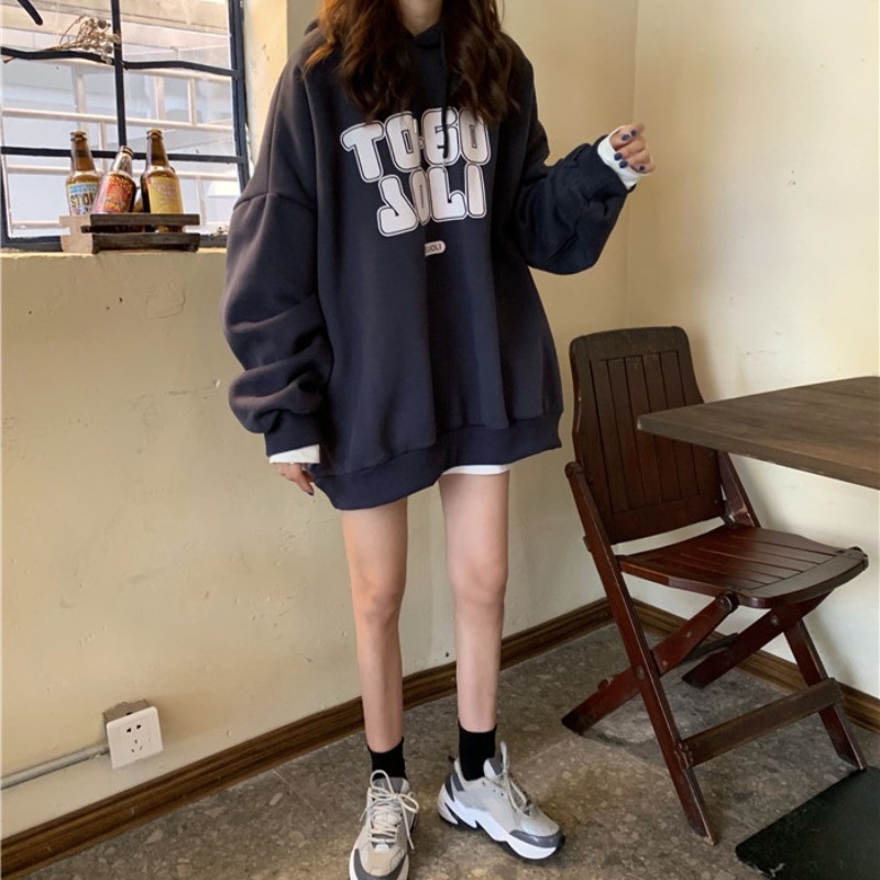 卫衣女秋冬百搭2020宽松欧美bf慵懒风加绒加厚连帽外套潮支持代发白底实物图