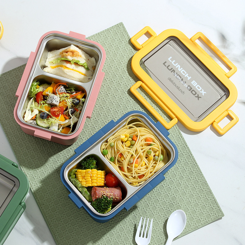 The simple and sealed double-layer lunch box with compartments is portable for office workers and students. It is a stainless steel box with heat preservation Specification image