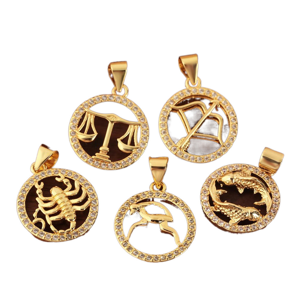Cross-border best-selling 12 zodiac pendant, micro-inlaid zircon copper plated with 18k real gold color retention electroplating, creative retro pendant Item Picture