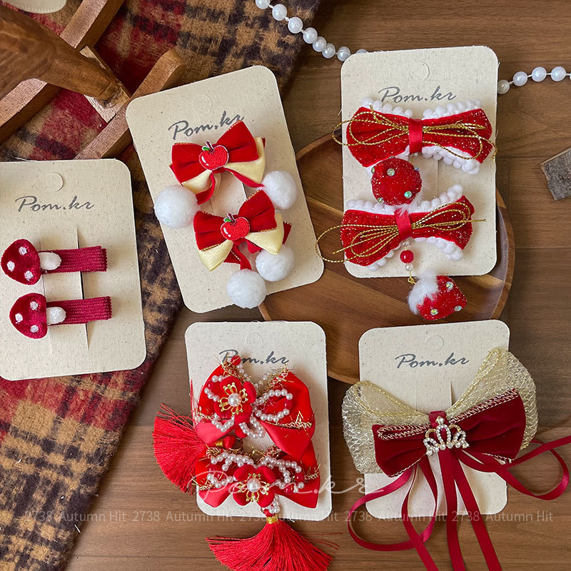 新款韩式红色系新年儿童布艺发夹手工侧边碎发刘海夹对装甜美发饰