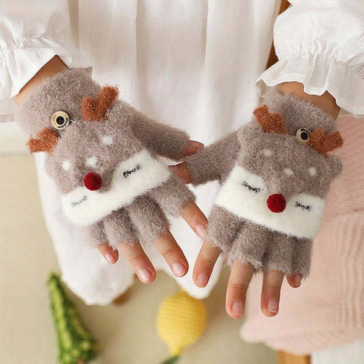 Children's flip-top gloves for boys and girls in autumn and winter, students write with half fingers exposed for warmth, cartoon winter, cute kindergarten Specification image