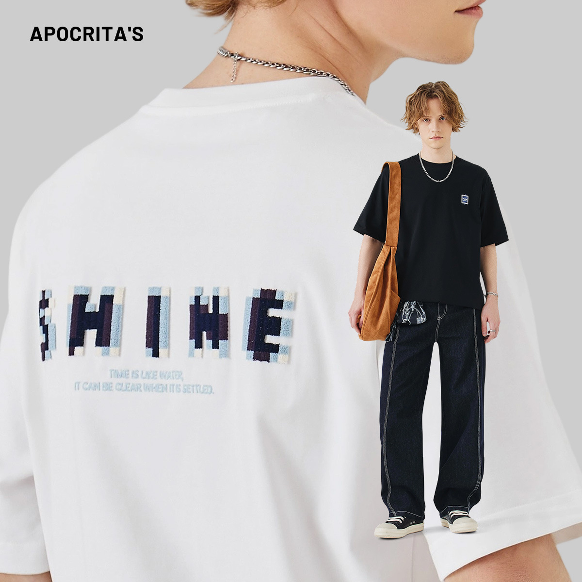 APO Men's Wear: A versatile printed short-sleeved T-shirt for men, a summer trend brand with three-dimensional embroidery and a loose round-neck inner layer details Picture