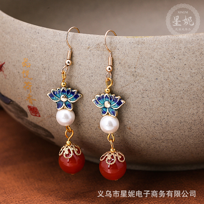 古风玉髓红玛瑙s925银耳环长款荷花气质民族风耳坠百搭耳饰耳环女