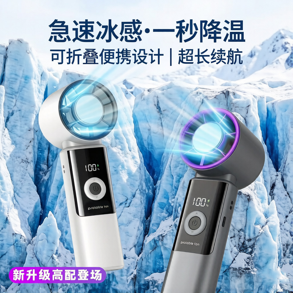 2026新款高速手持冰敷风扇数显大风力迷你折叠199档制冷小风扇