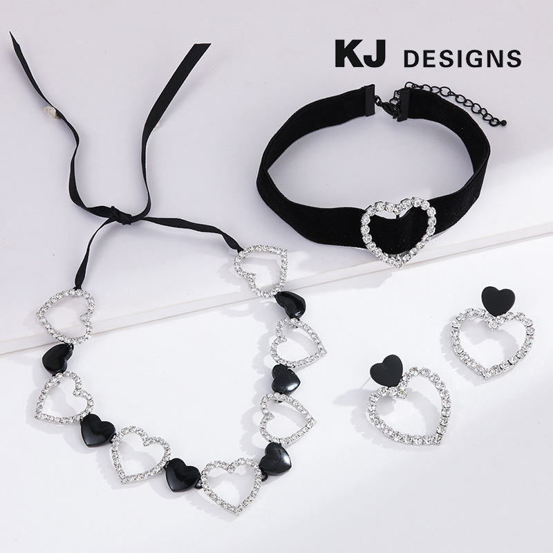 Monochrome派对爪链爱心Y2K heart织带ribbon颈链女耳环套装
