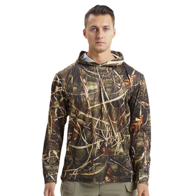 Yitu Custom long-sleeved T-shirt quick-drying hooded sun protection Outdoor sports fitness breathable tactical camouflage T-shirt for camping and fishing men Item Picture