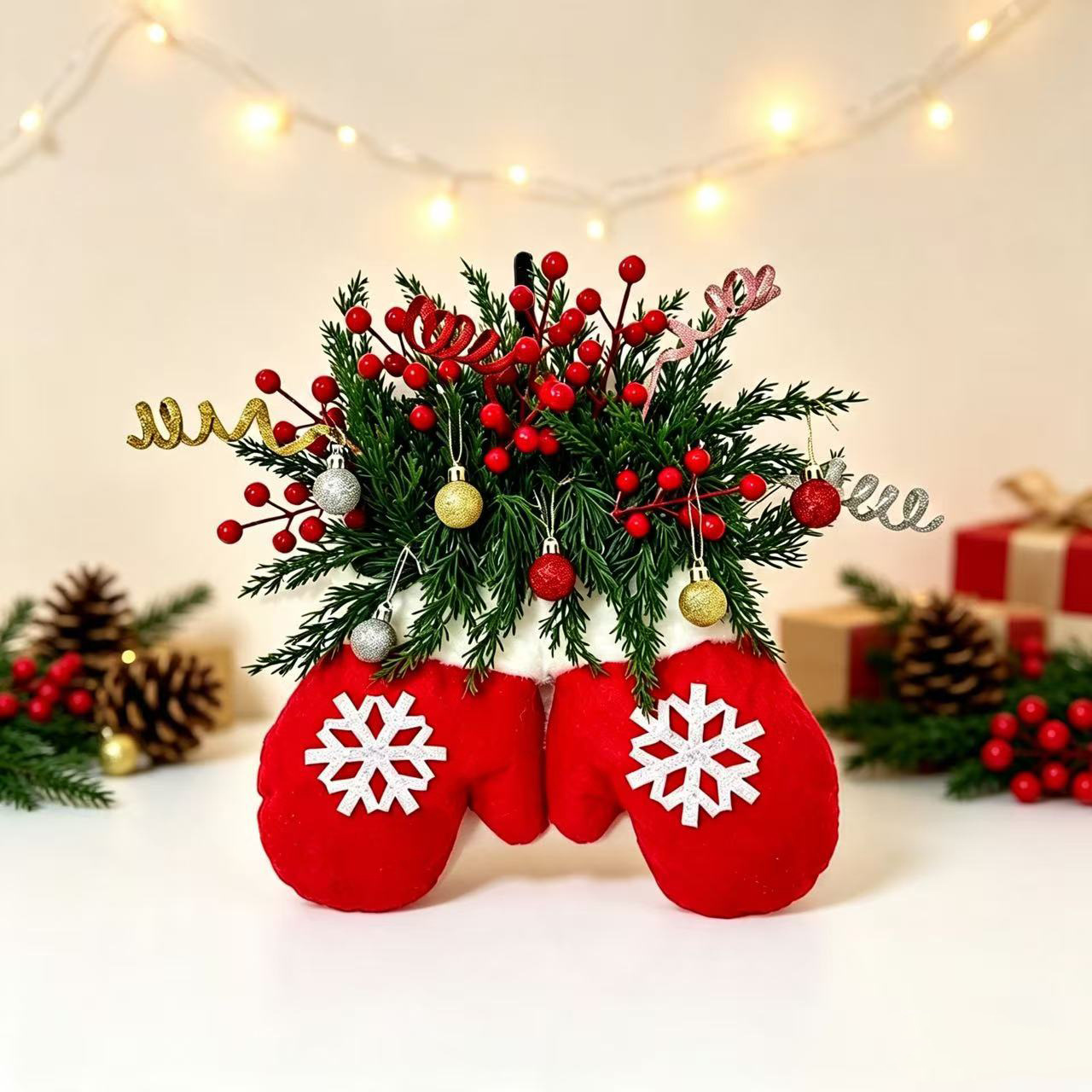 Guantes de navidad colgantes decoraciones de árbol de navidad ramas de pino bola de nieve conos de pino luces de color adornos cajas de regalo fondos ambiente festivo Specification image