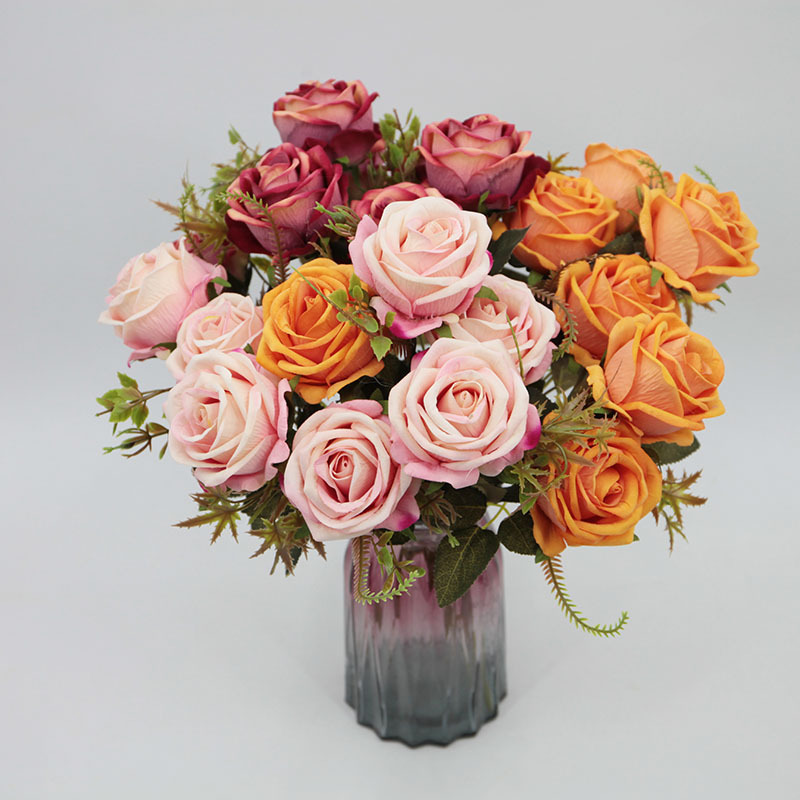 仿真玫瑰花7头绒布玫瑰花束婚车插花婚庆仿真花家居绢花假花批发