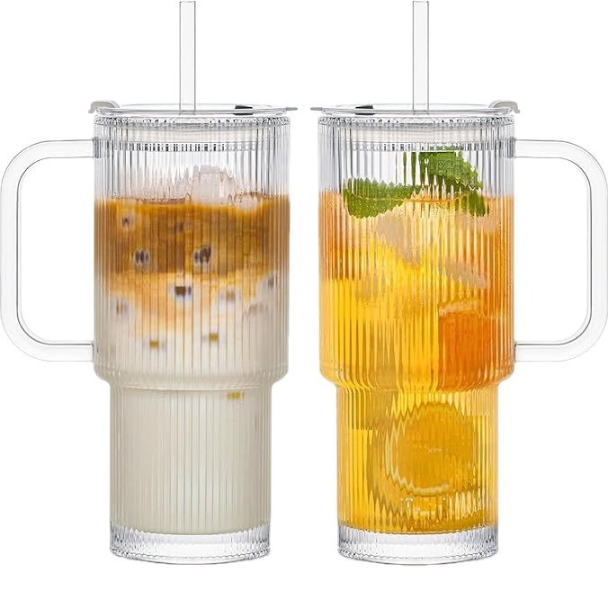 Creative large-capacity glass cups, handle beverages, cola cups, transparent covered straw cups, household double-drinking cups, water cups Item Picture