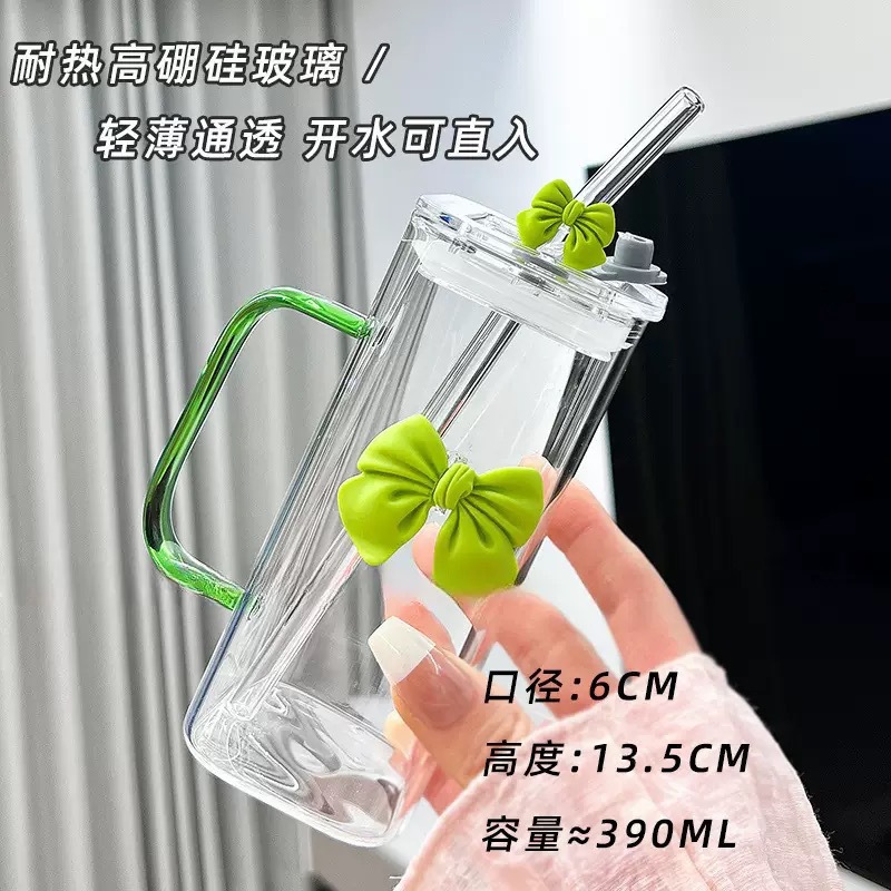 Transparente simple cuadrado tazas para niños nuevo color rosa arco copa de pajita hogar con asa alta borosilicato de vidrio Specification image