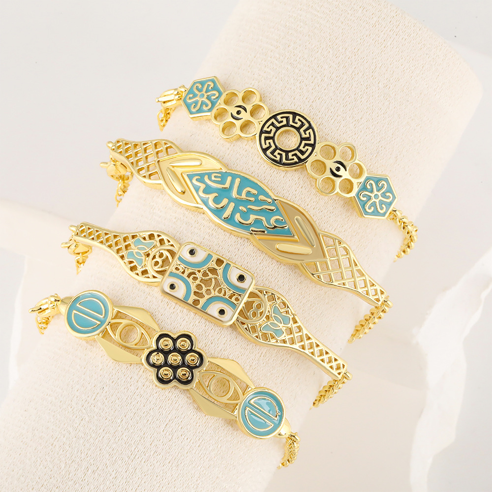 Honglu Cross-border's new product, a 18K gold-plated copper bracelet with oil drops and Bohemian-style eyes, is a niche design accessory for women full figure