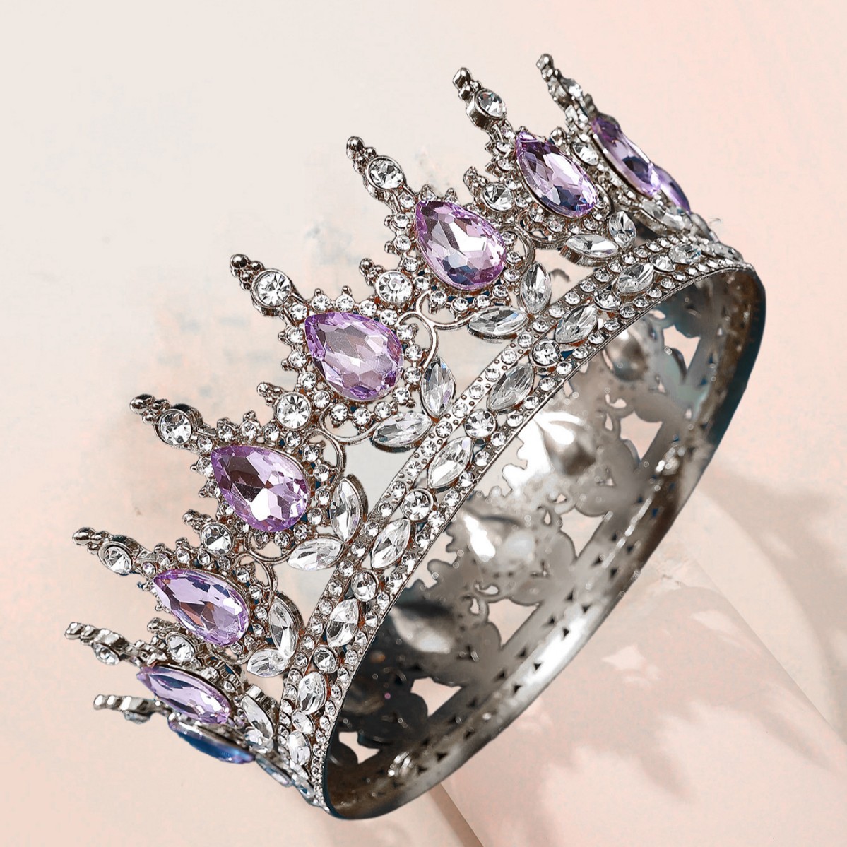 European and American cross-border bride round crown headwear, Baroque colorful crystal hair accessory, noble and elegant queen's full circle crown Specification image