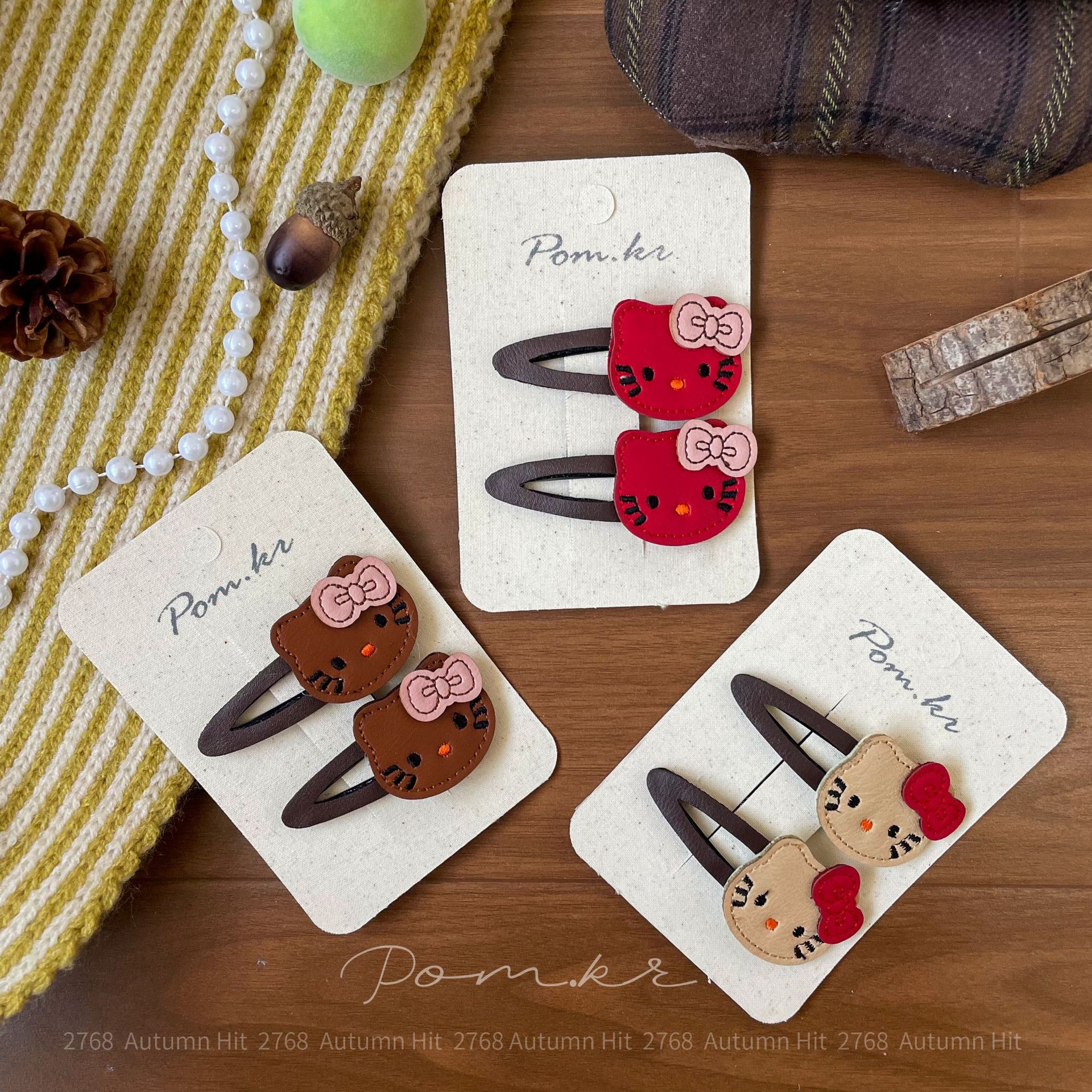 Retro leather KT hair clip, bow, cartoon side clip, girl's heartbroken bangs clip, sweet and cute headwear Specification image