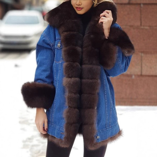 A large quantity of lazada cross-border, Amazon and wish cross-border women's fur integrated denim long-sleeved jackets details Picture