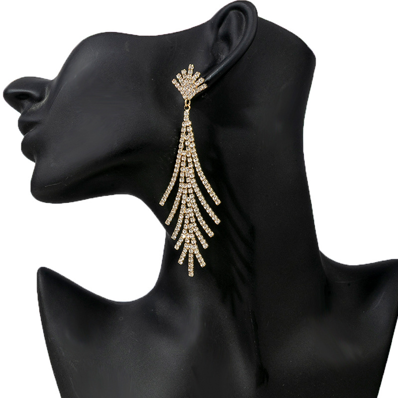 Factory supply Fashionable full-diamond fishbone-shaped earrings, elegant and light luxury, forked pendant rhinestone earrings, long earrings, cross-border accessories wholesale full figure