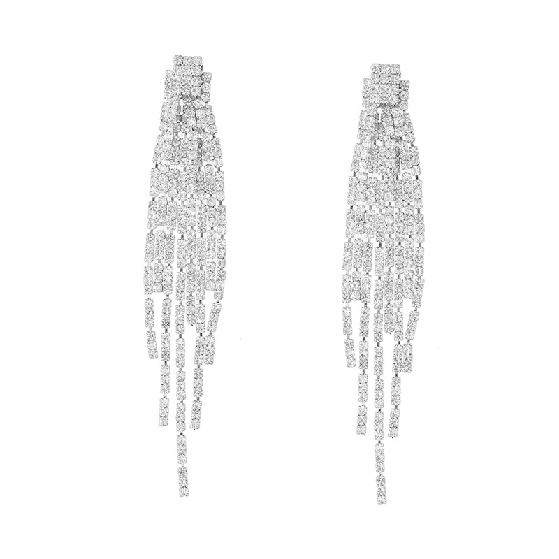 Cross-border Korean version fashionable and elegant double-layer tassel rhinestone earrings, versatile evening dress and diamond-encrusted earrings Item Picture