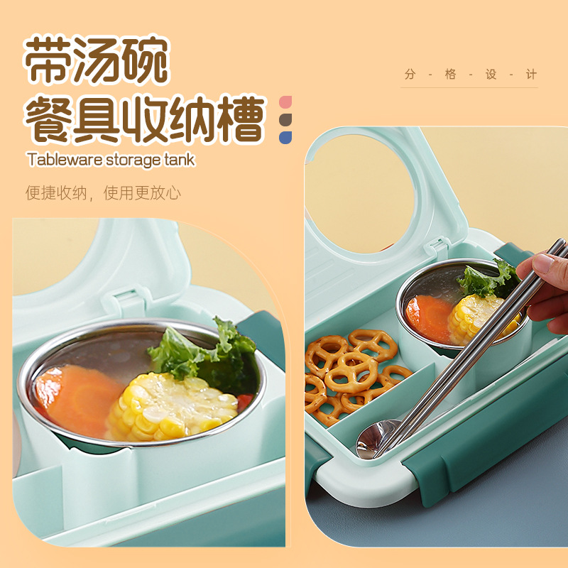 A popular stainless steel three-compartment lunch box with spoons, chopsticks and a small bowl, sealed and compartments, for office workers in the cafeteria Application Scenario