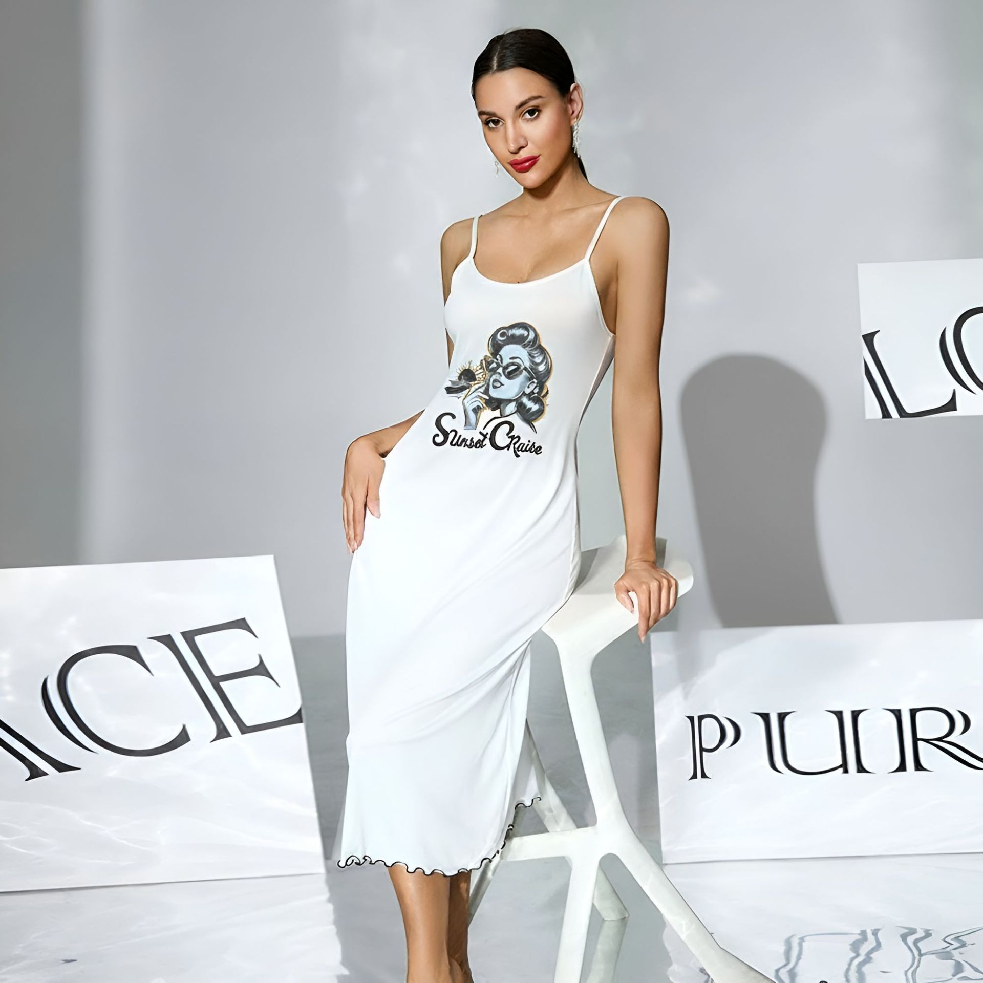Milk silk skin-friendly halter long dress for women. Multiple patterns to choose from. Printed black and white ear trim. Home wear and sleeping dress 930 details Picture