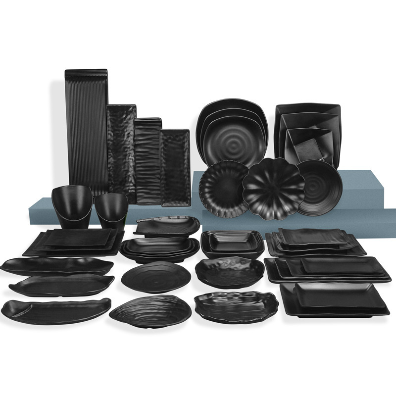 Melamine tableware, black hot pot beef plates, barbecue plates, self-service grilled meat, rectangular and round seafood, creative commercial use Item Picture