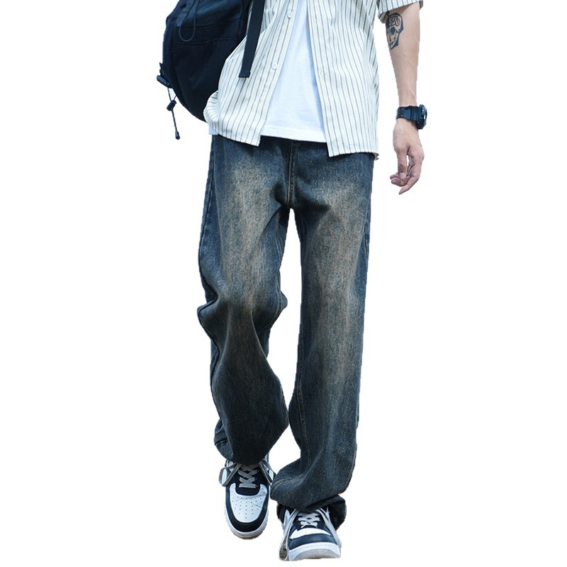 Autumn washed jeans for men, a new trendy brand, loose and versatile straight-leg American high street retro wide-leg casual trousers