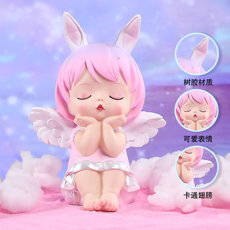 Cute rabbit angel, eight-color hair, AI toy, closed-eye prayer dress, white wings, pink background, star figure Application Scenario