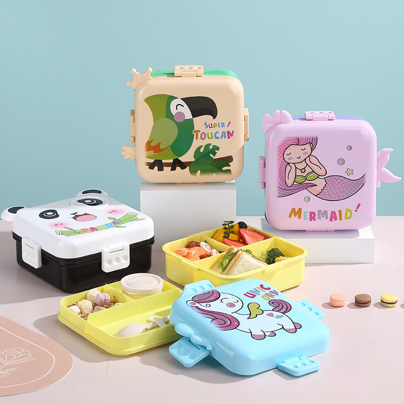 卡通萌趣正方形儿童便当盒带蘸酱盒带餐具可进微波炉加热分格饭盒