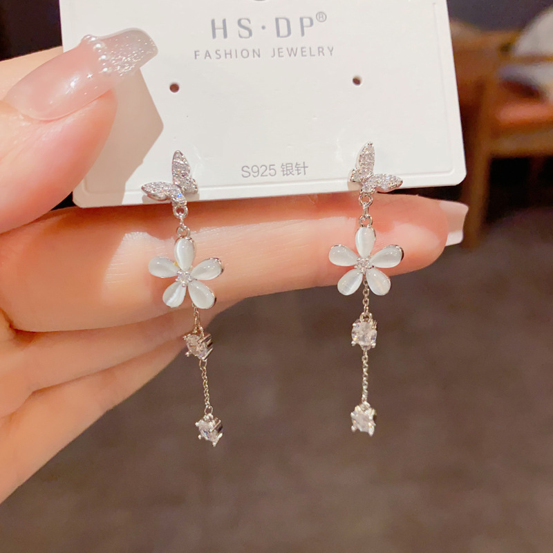 French light luxury fashion, versatile super flash zircon butterfly cat's eye stone flower tassel earrings, original manufacturer Application Scenario