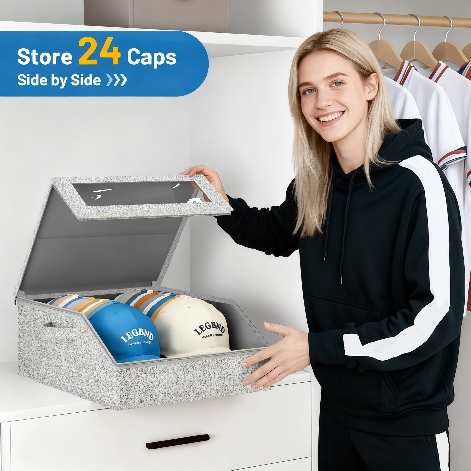 Cross-border zipper hat storage box, foldable dust-proof with window, large-capacity drawer baseball cap storage box details Picture
