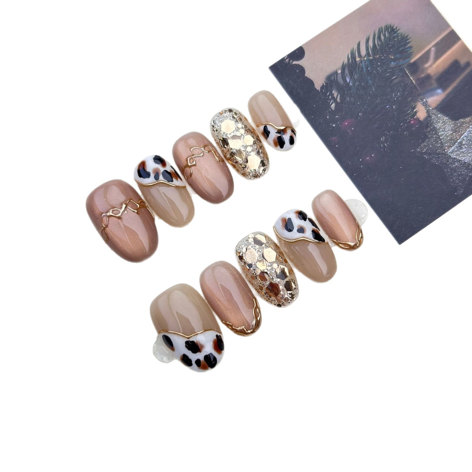 【豹富】纯手工穿戴甲手作高级感精致豹纹猫眼爆闪美甲工厂批发白底实物图