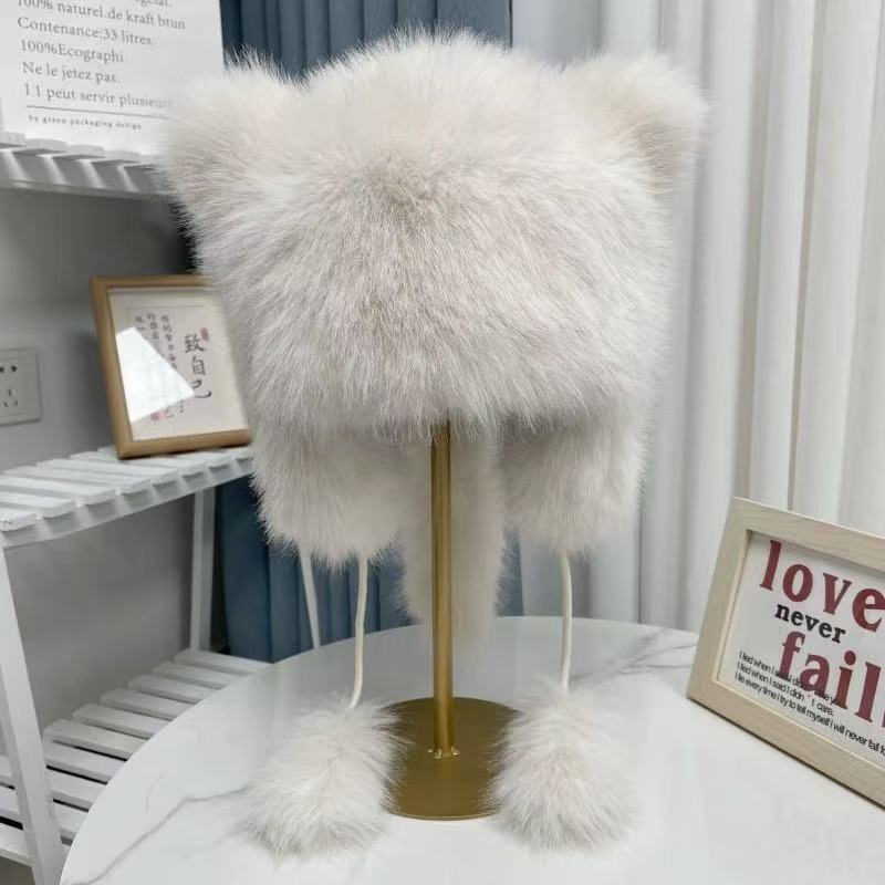Fluffy little bear hat for women, thick and warm for ears in autumn and winter, Lei Feng hat, cat ear plush headscarf hat, casual and versatile Application Scenario